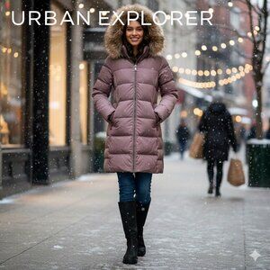 Calvin Klein Down Blend Puffer Jacket Mid Length with Faux Fur Removable Hood XS